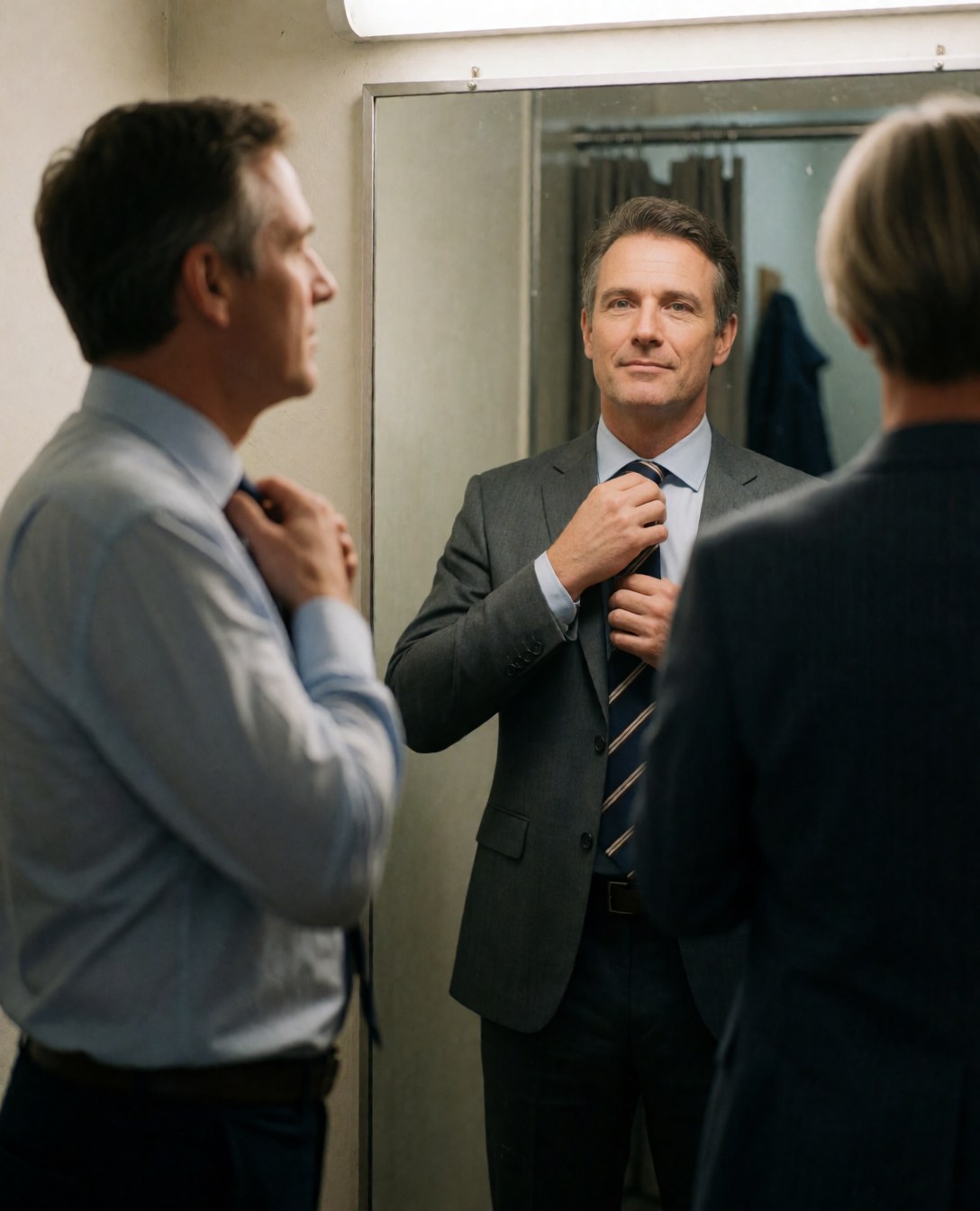A smiling man stands in front of a mirror in a clothing store fitting room, trying on a new suit and tie to check the fit.