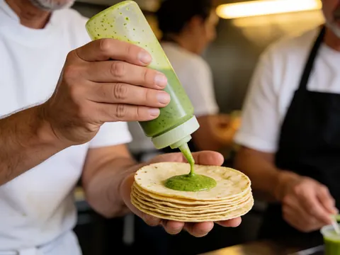 Close-up of a hand squeezing green salsa onto tortillas inside a food truck with a warm blurred background