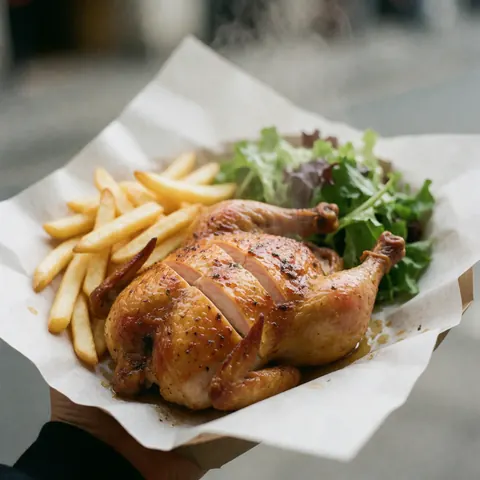 A whole roasted chicken served with french fries and a side salad on a paper-lined tray, representing delicious street food and fast-casual dining options.