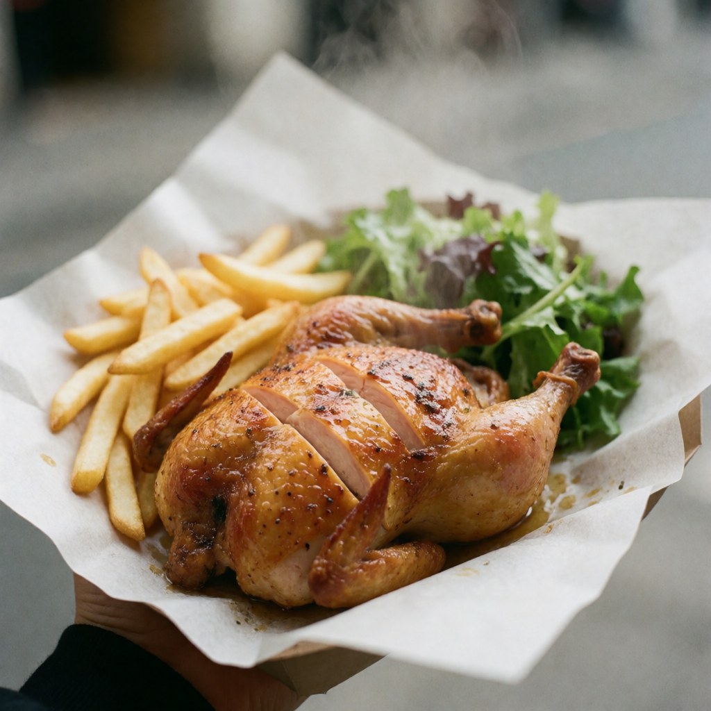 A whole roasted chicken served with french fries and a side salad on a paper-lined tray, representing delicious street food and fast-casual dining options.
