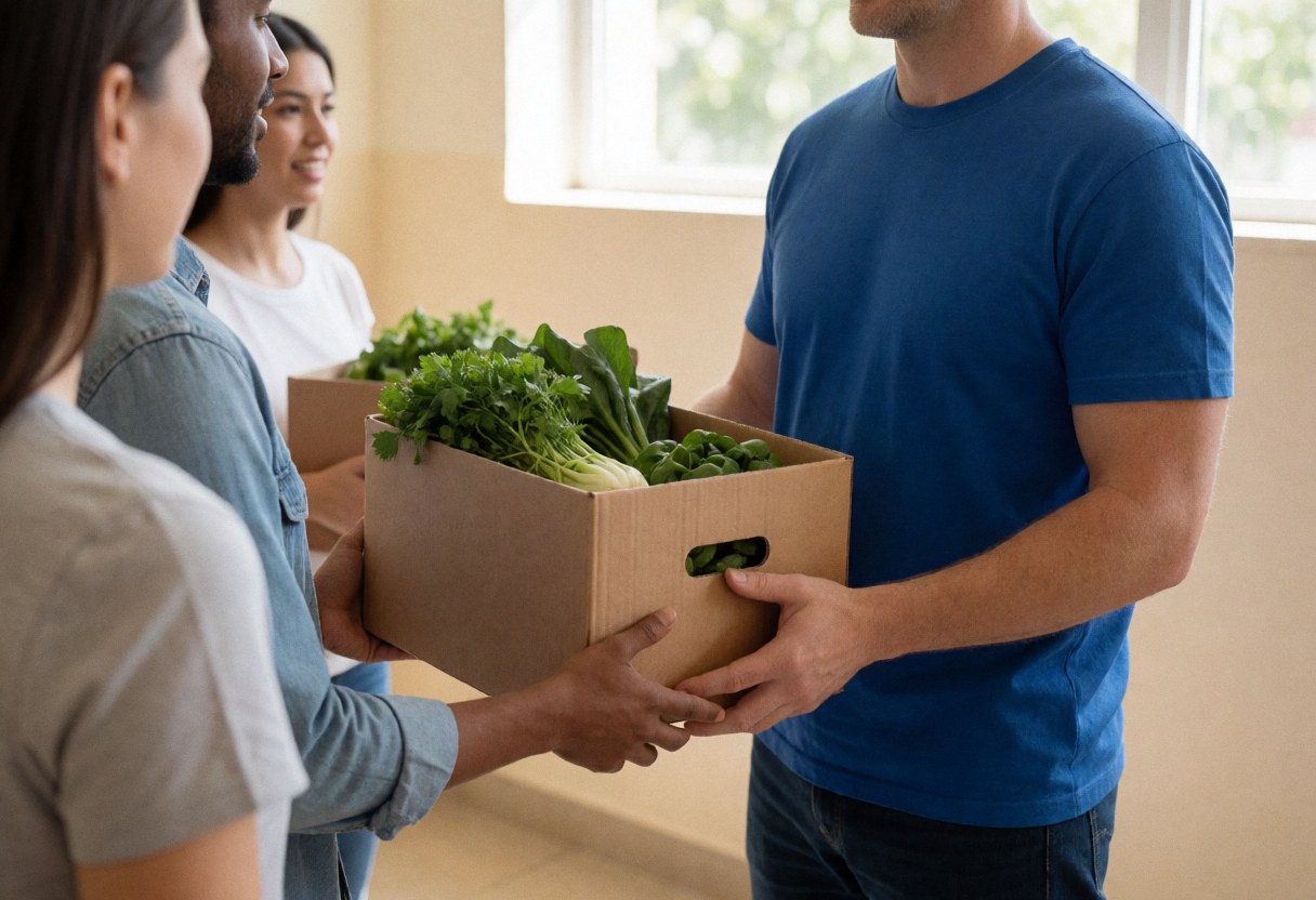 Volunteer hands holding a box of fresh vegetables while standing in line with community members at an indoor service center with natural lighting