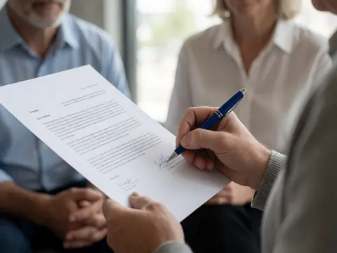 Close-up view of a hand holding a blue pen and signing a white document on a desk, symbolizing a formal agreement or nonprofit partnership.