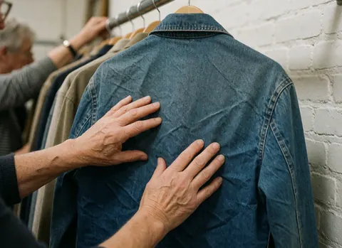 A hand gently smoothing the fabric of a denim jacket hanging on a rack, with a blurred background of clothes and a white brick wall highlighting the textile texture.