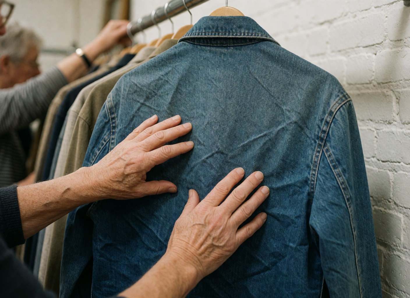 A hand gently smoothing the fabric of a denim jacket hanging on a rack, with a blurred background of clothes and a white brick wall highlighting the textile texture.