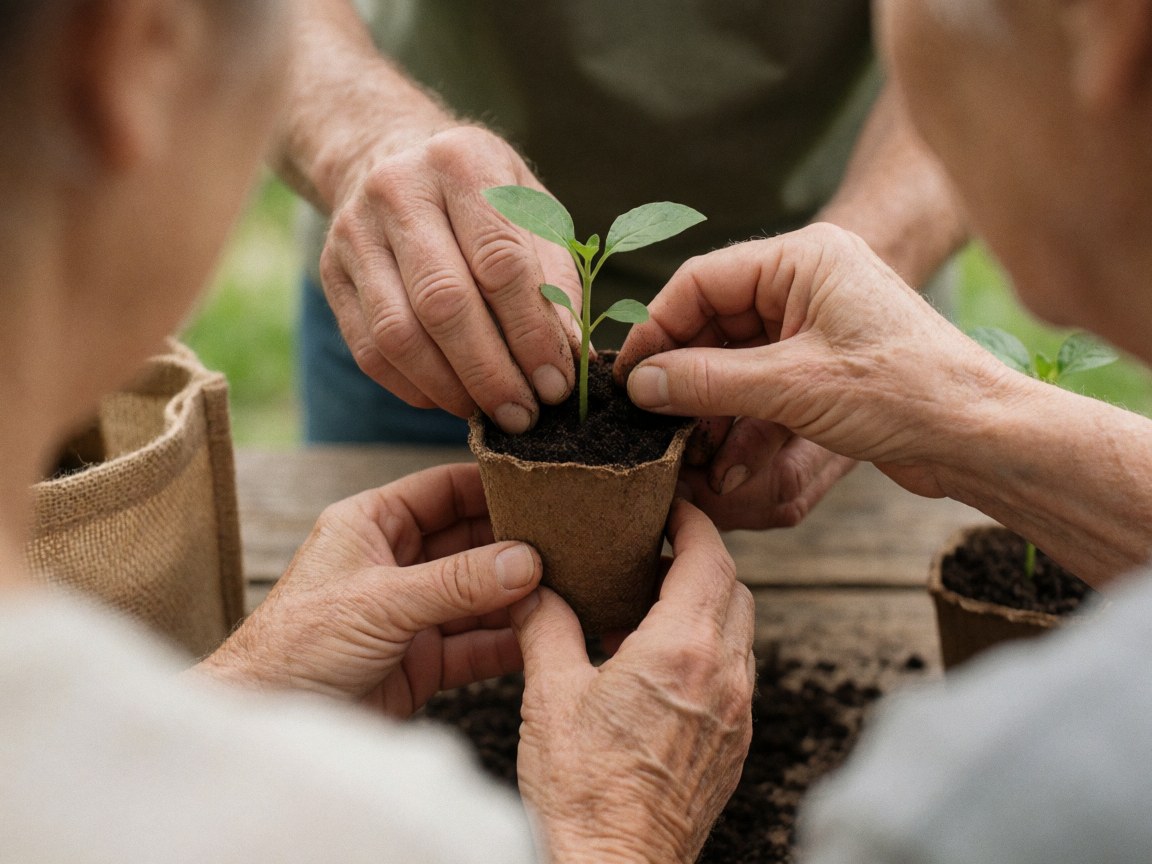 Close-up of hands planting local seeds in a wooden container, symbolizing community gardening and environmental care for nonprofits
