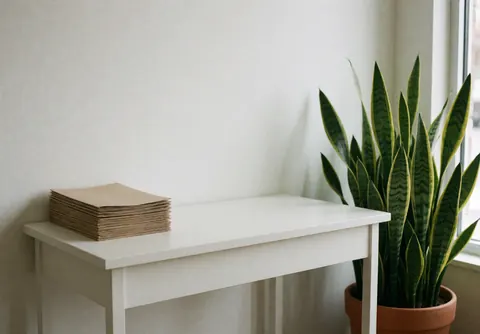 Minimalist white table with an indoor plant and a stack of brochures, illuminated by natural light, ideal for a nutrition office.