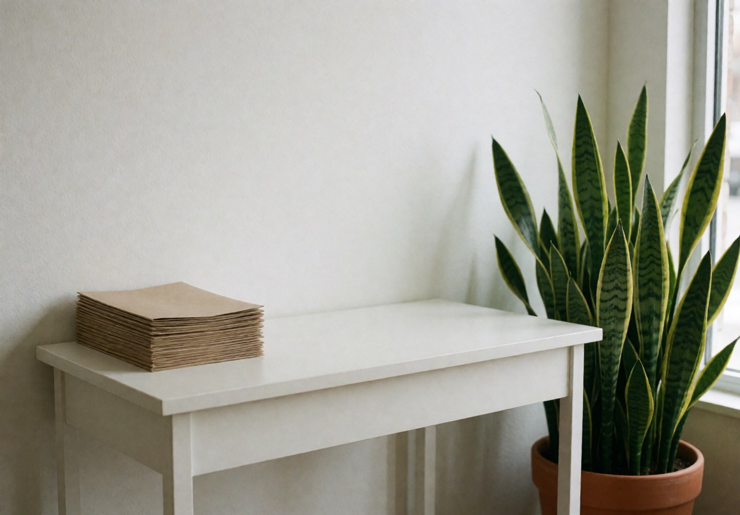 Minimalist white table with an indoor plant and a stack of brochures, illuminated by natural light, ideal for a nutrition office.