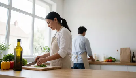 A nutritionist slices fresh vegetables in a bright modern kitchen near a window with olive oil and other produce on the table.