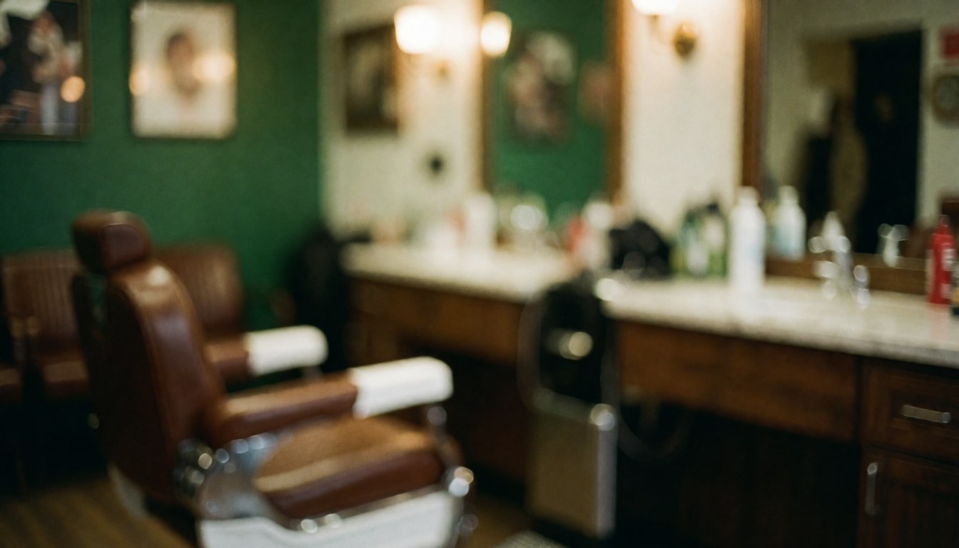 A warm, out-of-focus background of a barbershop interior featuring a green wall, marble counter, and leather chair, ideal for text overlays.