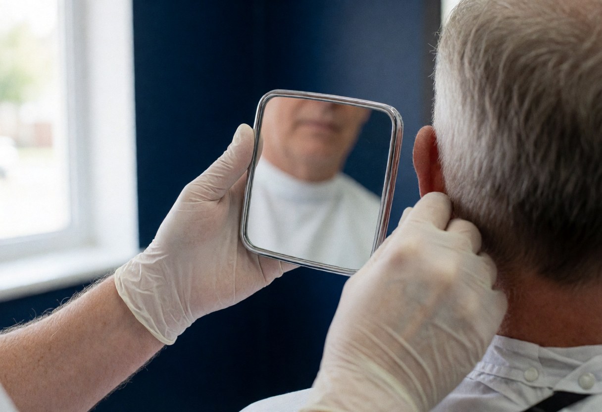A professional barber wearing gloves inspects a fresh haircut in the mirror after styling a client's hair.