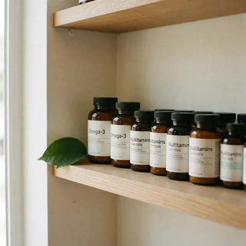 Omega-3 and multivitamin supplement bottles arranged on a wooden shelf with a green leaf, natural lighting, and a health and wellness atmosphere.
