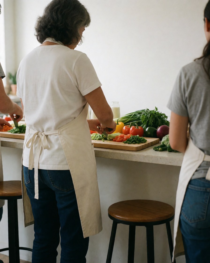 A nutritionist slices fresh vegetables on a cutting board in a bright modern kitchen with natural light and high chairs.
