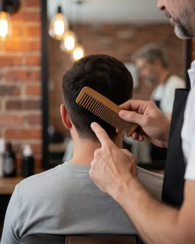 A barber holding a wooden comb cuts a seated client's hair against a brick wall with warm lighting.