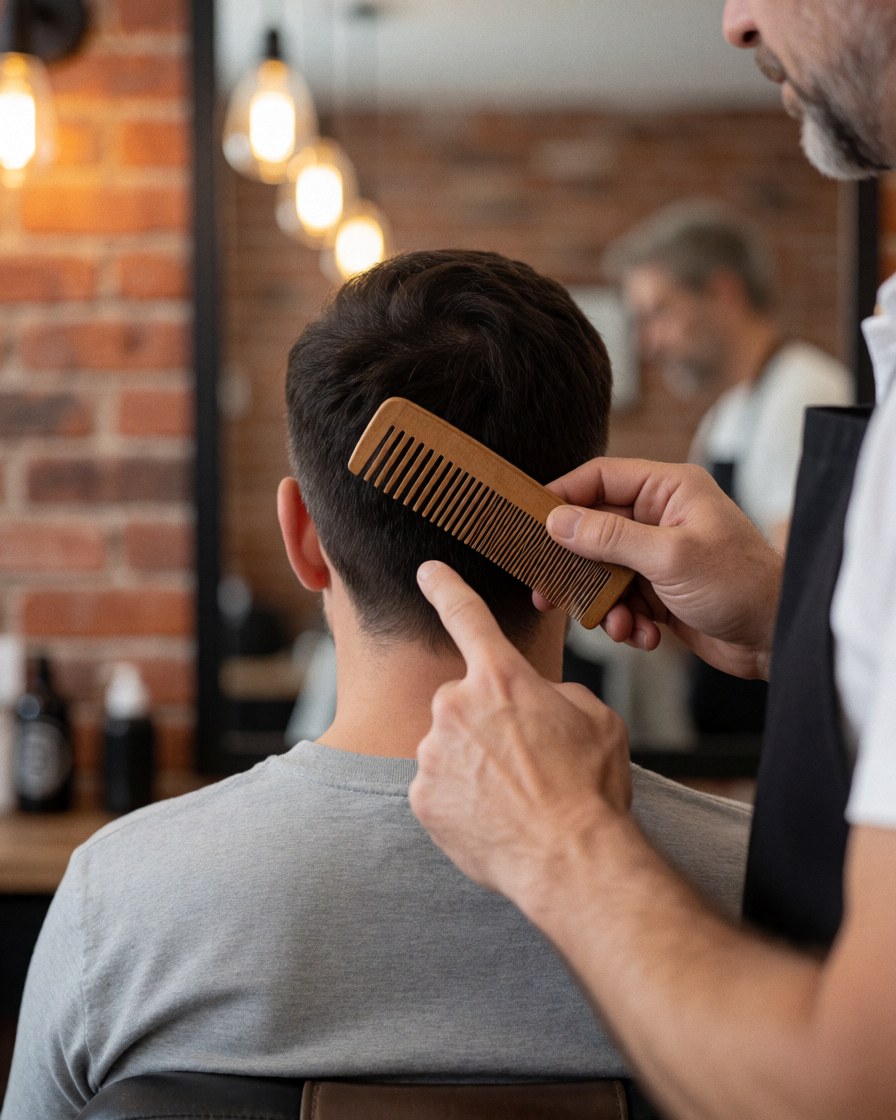 A barber holding a wooden comb cuts a seated client's hair against a brick wall with warm lighting.