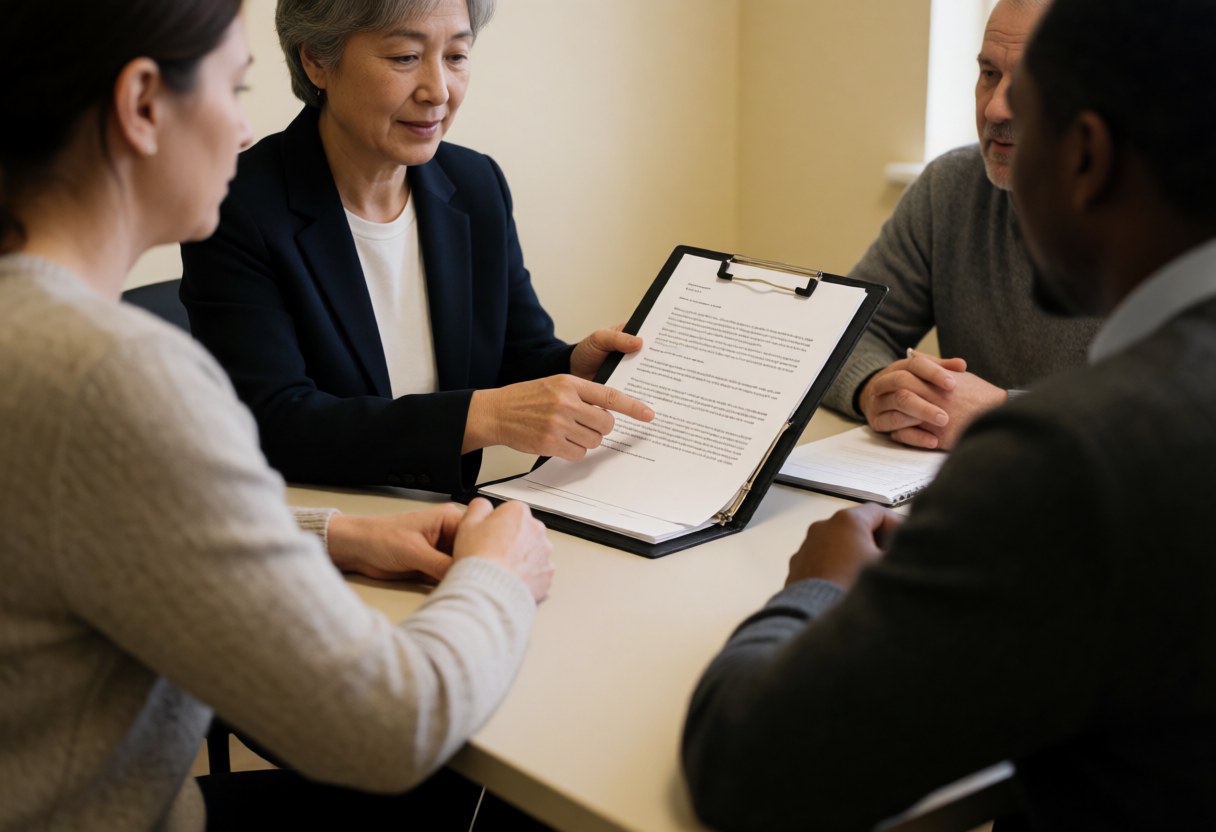 A planner in a black blazer reviews a contract on a clipboard at a table while others listen attentively in a professional office setting.