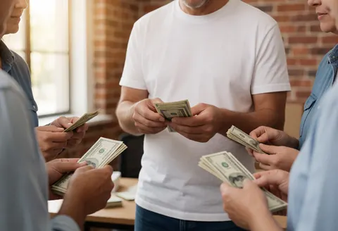 Volunteers counting cash bills in an office with brick walls and natural light, showing hands and money in sharp detail during a service in action moment.