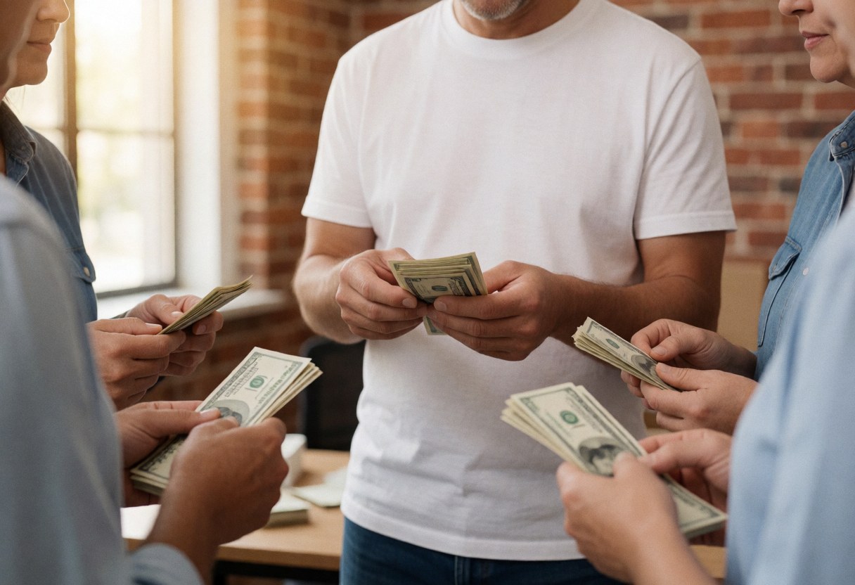 Volunteers counting cash bills in an office with brick walls and natural light, showing hands and money in sharp detail during a service in action moment.