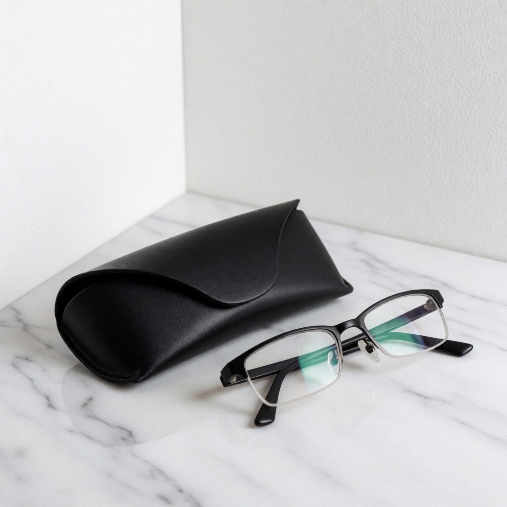 Black framed reading glasses and a black case resting on a white marble surface with soft minimalist lighting for optical store product display