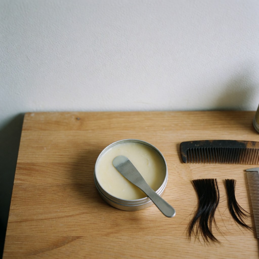 Close-up of matte hair pomade and styling brush arranged on a wooden surface for barbershop product display