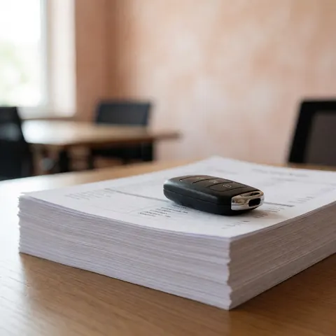 Black car key resting on a stack of printed event documents on a wooden table with a blurred office background
