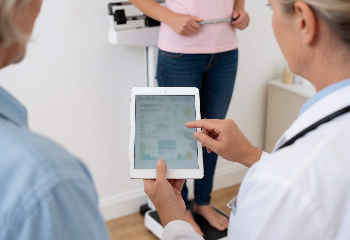A nutritionist shows health data on a tablet to a client standing on a scale during a clinical consultation.