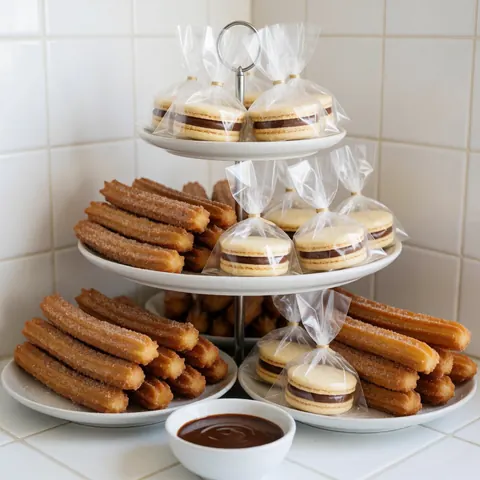 Golden sugar-coated churros and chocolate alfajores in cellophane arranged on a three-tiered ceramic tray atop a white kitchen table.