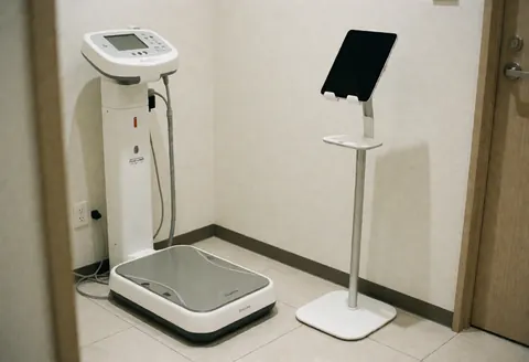 Clean clinical space featuring a bioimpedance scale and tablet stand, ideal for nutrition clinics with white walls and tiled floors.