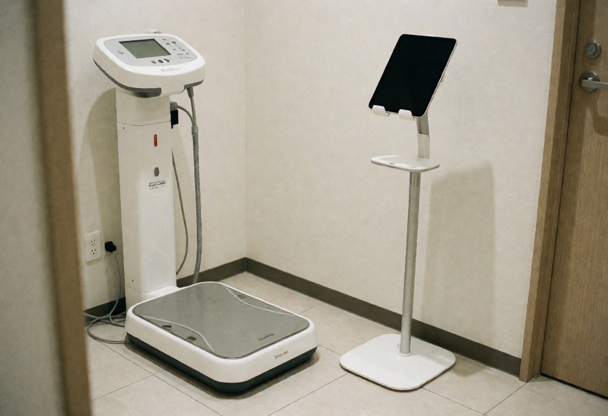 Clean clinical space featuring a bioimpedance scale and tablet stand, ideal for nutrition clinics with white walls and tiled floors.