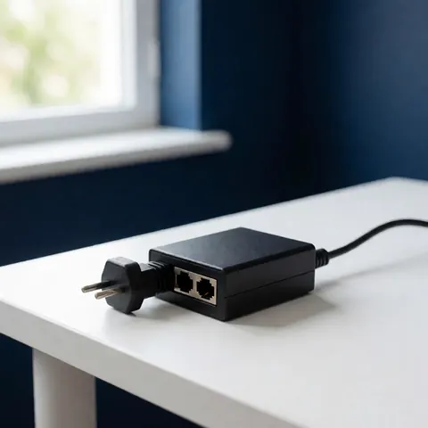 A PoE injector placed on a desk surface, used for network security and data transmission in business environments.