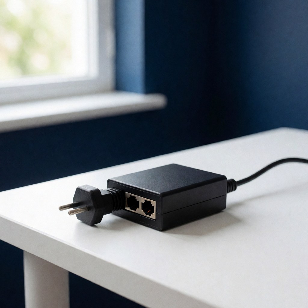 A PoE injector placed on a desk surface, used for network security and data transmission in business environments.