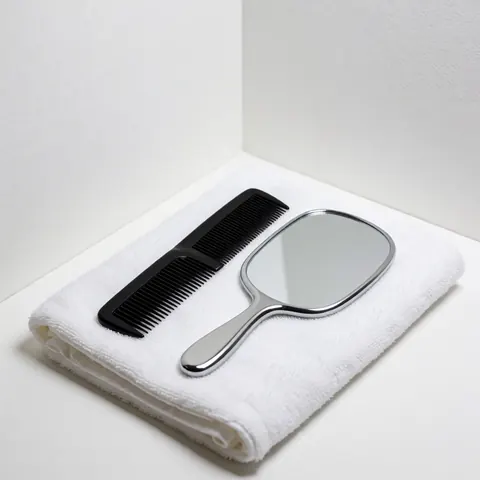 A black comb and a silver hand mirror resting on a white towel in a clean corner, ideal for barbershop or professional salon product display