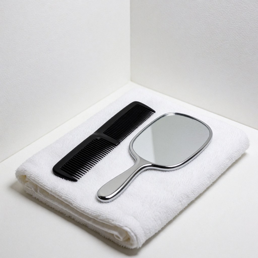 A black comb and a silver hand mirror resting on a white towel in a clean corner, ideal for barbershop or professional salon product display