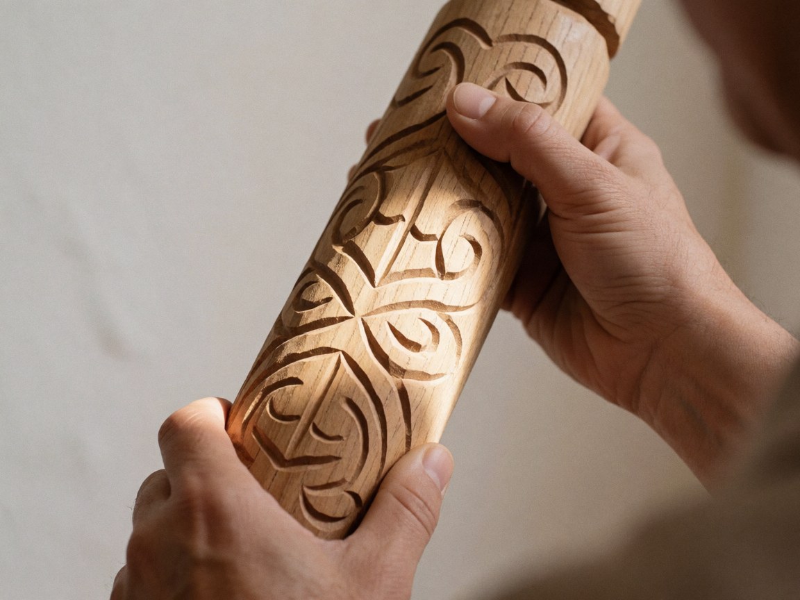 Detailed view of intricately carved wooden surface showcasing traditional mapuche patterns and natural wood texture against a neutral background