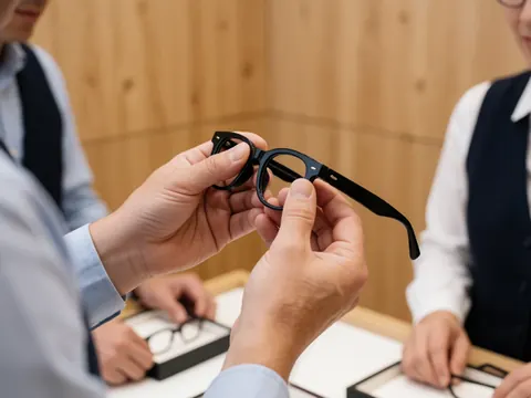 Close-up of hands examining the texture and hinge mechanism of a black eyeglass frame in an optical store with wooden walls.
