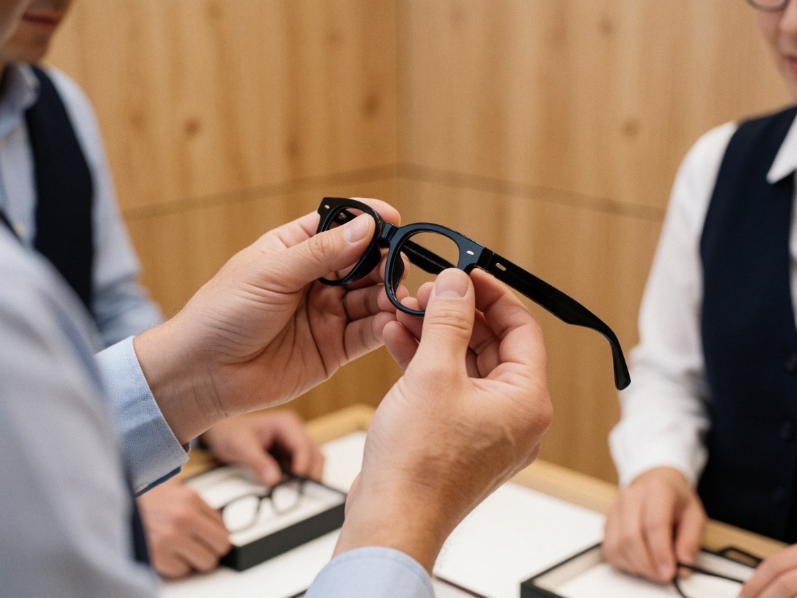 Close-up of hands examining the texture and hinge mechanism of a black eyeglass frame in an optical store with wooden walls.