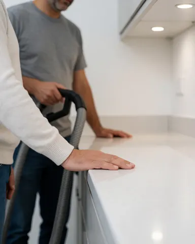 Customer hand running over a polished kitchen countertop with a professional vacuum in the background, showing a clean and satisfying scene.