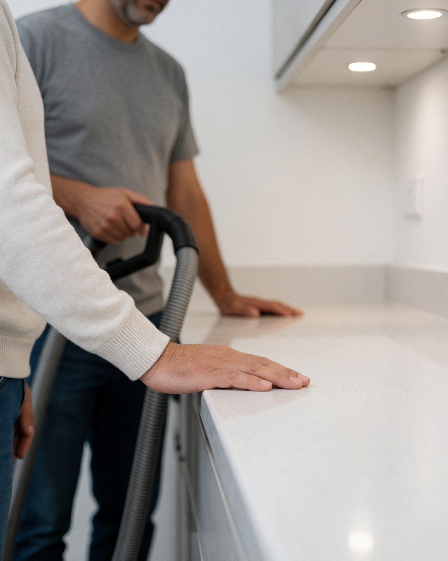Customer hand running over a polished kitchen countertop with a professional vacuum in the background, showing a clean and satisfying scene.
