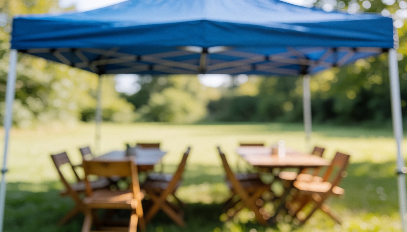 Blue sky above wooden tables and chairs on a green field with natural light and blurred background for text overlays