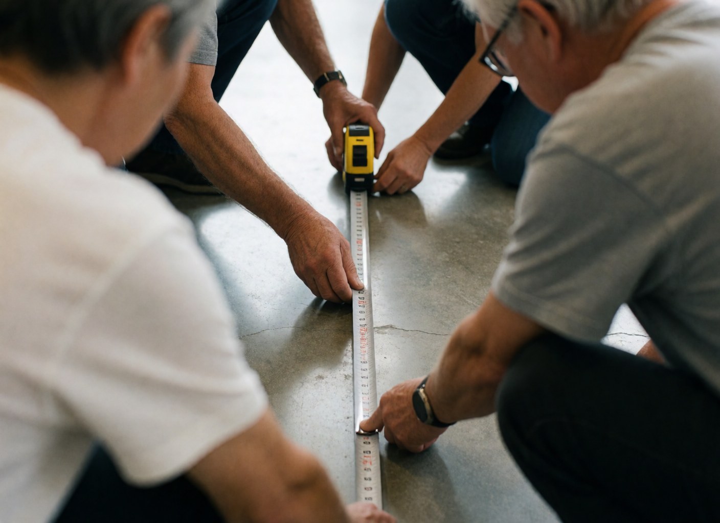 Professional workers using a tape measure on a polished concrete floor to prepare for an event, focusing on precision and tools.