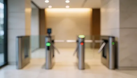 Blurred modern office lobby entrance featuring security turnstiles with warm neutral lighting, serving as a professional background for security and access control text.