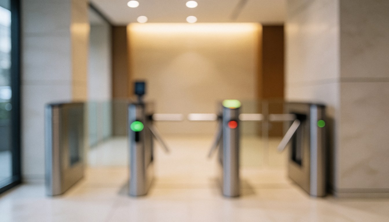 Blurred modern office lobby entrance featuring security turnstiles with warm neutral lighting, serving as a professional background for security and access control text.