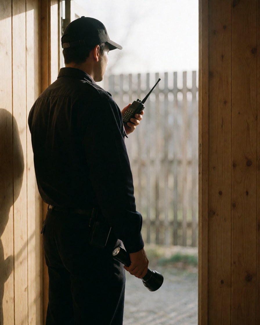 A security guard stands at a post with a radio and flashlight, looking outward against a light wooden wall and blurred fence background.