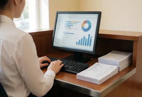 Office employee working on a computer with data charts and stacks of invoices on a wooden counter with metal edge, lit by natural light