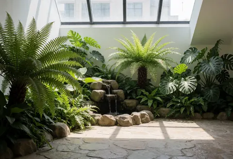 A tranquil interior courtyard featuring lush green ferns and monstera plants surrounding a stone water fountain under natural light
