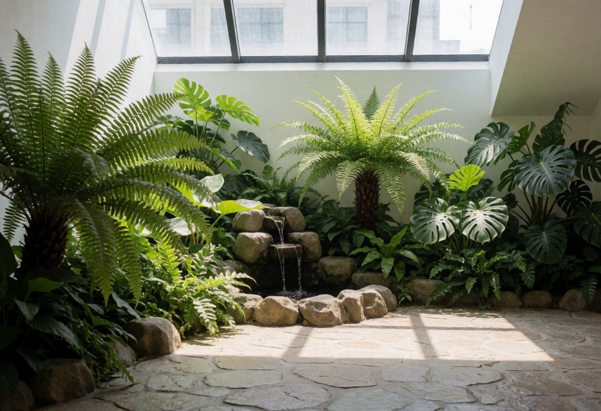 A tranquil interior courtyard featuring lush green ferns and monstera plants surrounding a stone water fountain under natural light