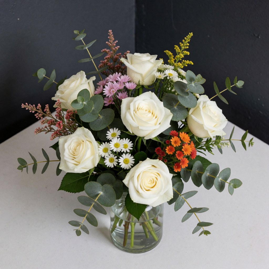 Elegant white rose and eucalyptus floral arrangement in a clear glass vase placed on a white table against a gray wall, perfect for weddings and events
