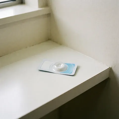 White blister pack containing daily soft contact lenses with blue details, placed on a clean white counter with natural lighting and white walls