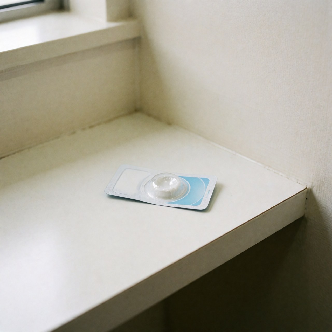White blister pack containing daily soft contact lenses with blue details, placed on a clean white counter with natural lighting and white walls