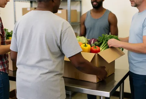 Volunteers placing fresh vegetable boxes on a metal table in a food pantry with industrial shelves in the background.