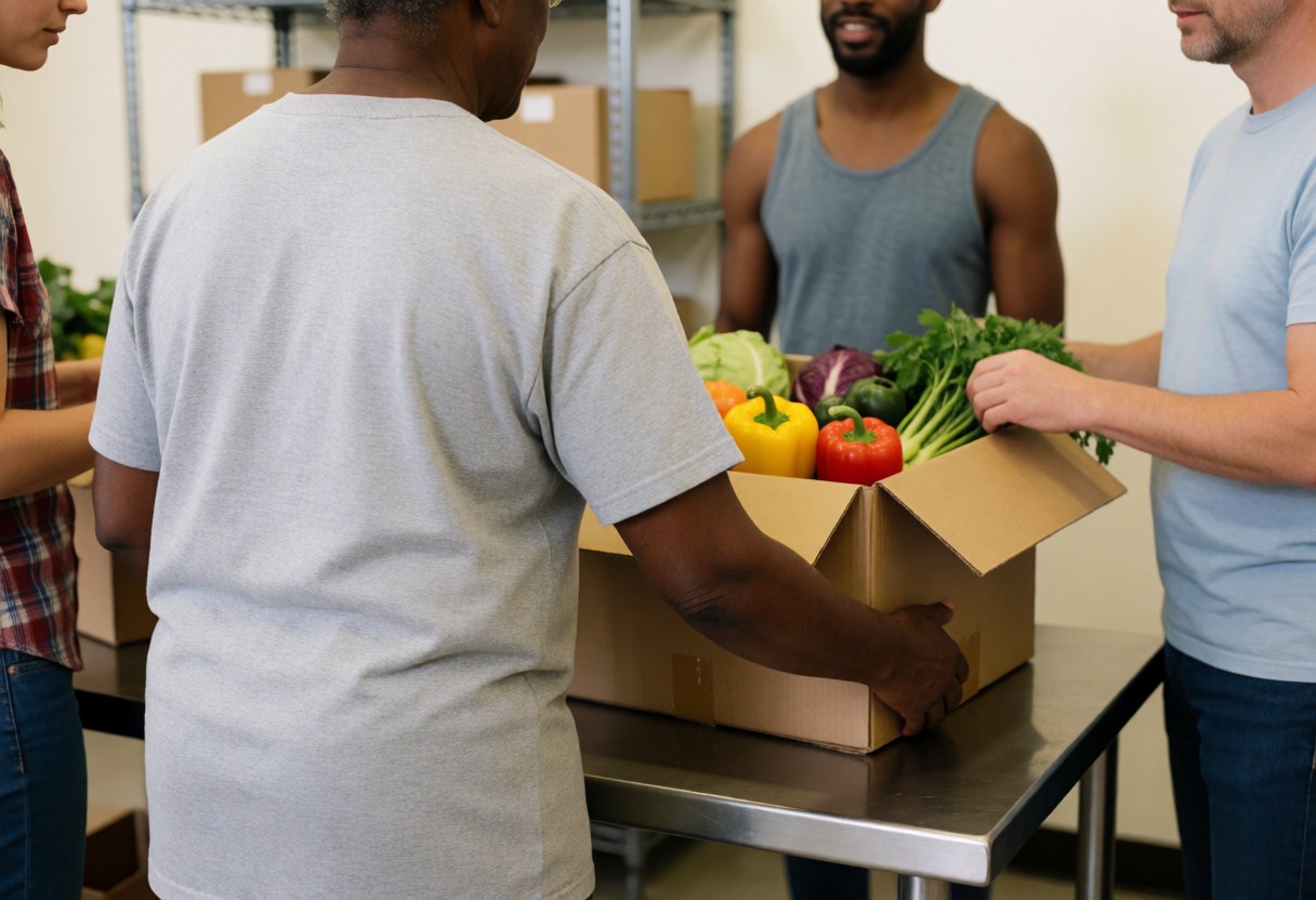 Volunteers placing fresh vegetable boxes on a metal table in a food pantry with industrial shelves in the background.